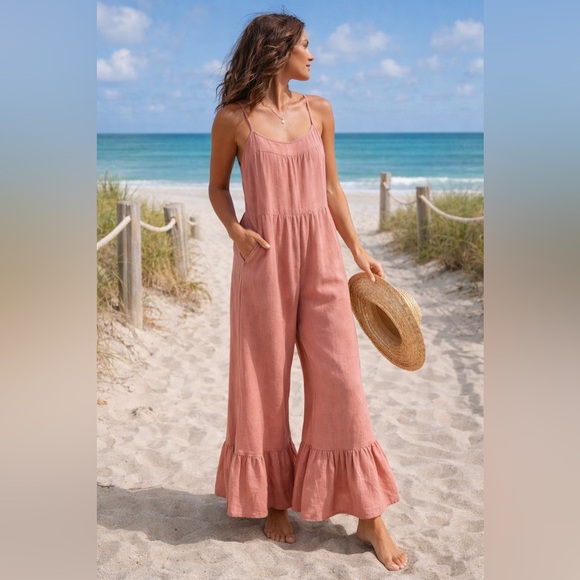 Very J Pants - VERY J Pink Linen Blend Wide Leg Jumpsuit Smocked Back Boho Coastal Summer M